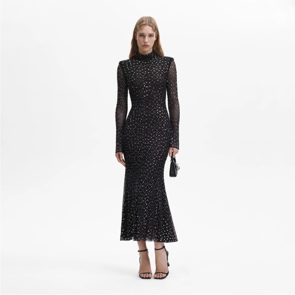 Self-Portrait BLACK SQUARE RHINESTONE MESH MIDI DRESS 
US 4